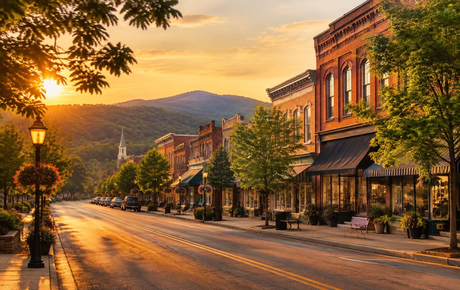 Historic brick storefronts on a tree-lined North Georgia main street at sunset