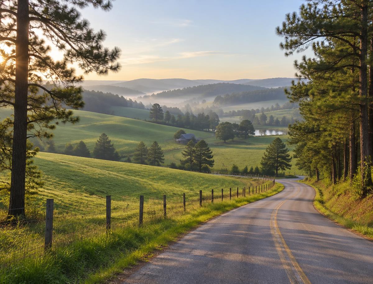 Country road winding through green hills and pines in rural Polk County, Georgia